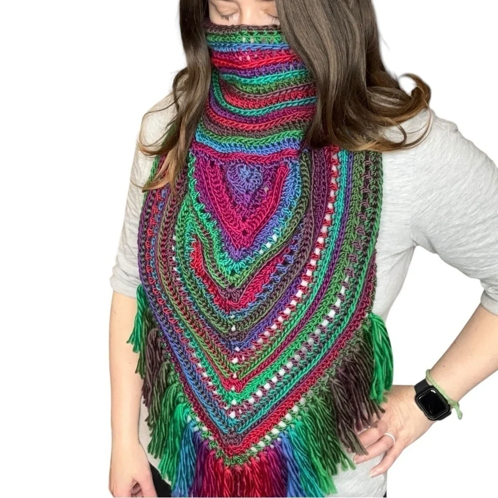Handcrafted Crochet Cowl Neck Scarf With Fringe New Handmade by Seller Knit